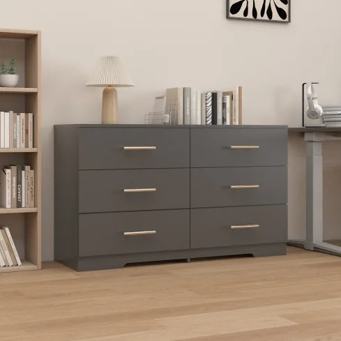 Modern Lighted Black Large 6-Drawers Chest of Drawers Dressers Table Golden Handles (Mirror Not Included) for Bedroom Hotel Use