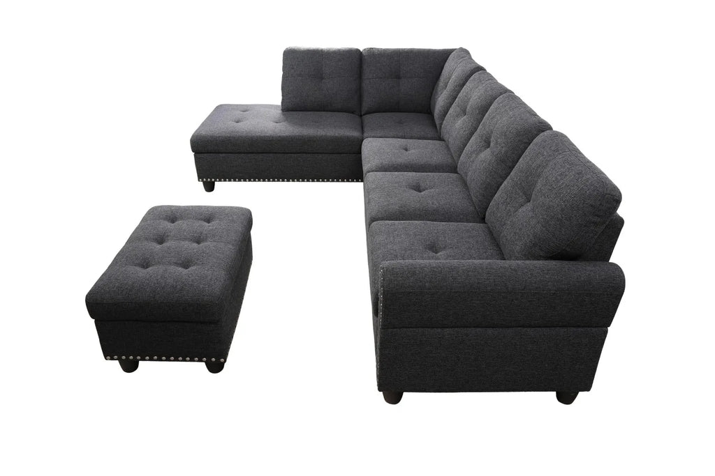 98" Wide Three Seat Left Hand Facing L-Shaped Corner Sectional Sofa Storage Ottoman Eco-Friendly Durable Linen Upholstery Sofa