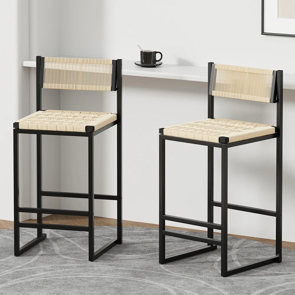 Honey Bar Stools Set of 2 Paper Rope Weave Dining Chairs with Back Hand Weave Stools for Kichen Island