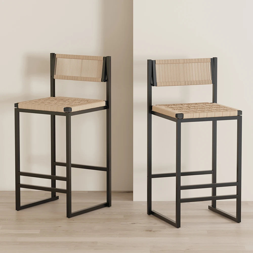 Honey Bar Stools Set of 2 Paper Rope Weave Dining Chairs with Back Hand Weave Stools for Kichen Island