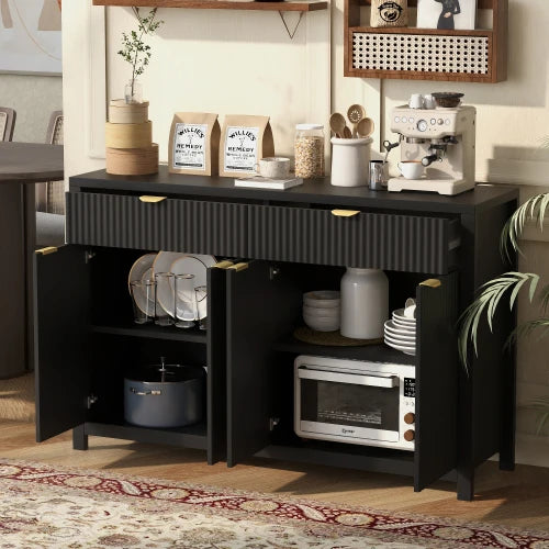 Wood Sideboard Buffet Cabinet with 2 Drawers & 4 Doors Adjustable Shelves Wave-Pattern Design for Living Room Hotel