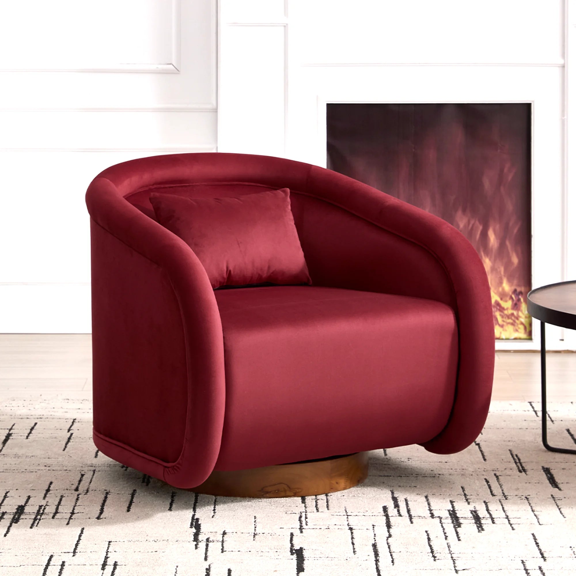 Simple Design Beige Teddy Decor Round Swivel Barrel Accent Arm Chair with Wooden Base for Living Room