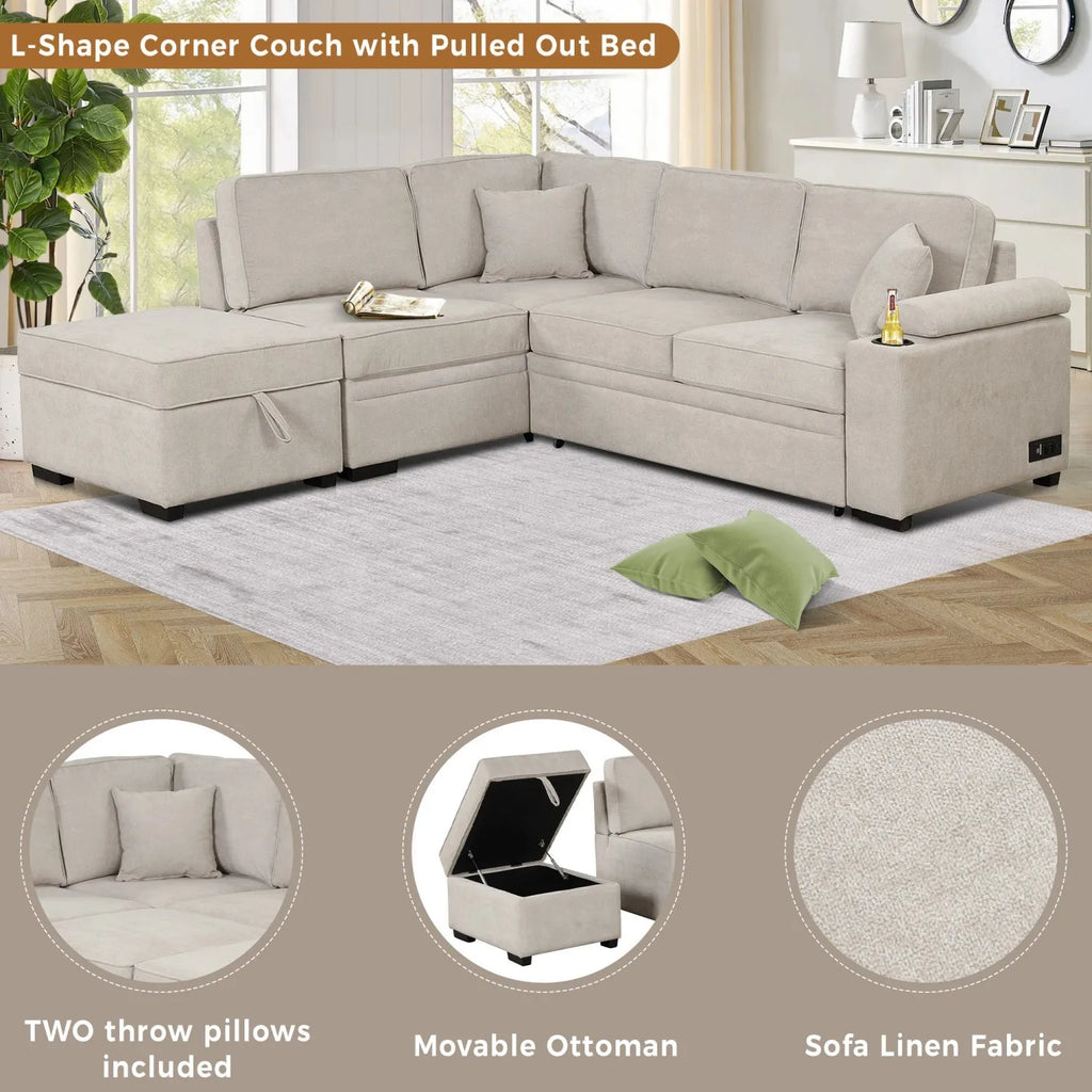 Three Seat Fabric Sofa Bed Pull-Out Function 2-in-1 L-Shape Couch Storage Ottoman for Living Room Bedroom Hotel Small Apartments