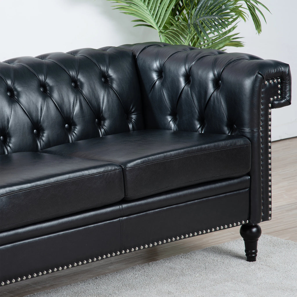 Vintage Black Tufted Genuine Leather Sofa Couch Luxury Living Room Chesterfield 3 Seat Set Convertible Hotel Lobby Furniture