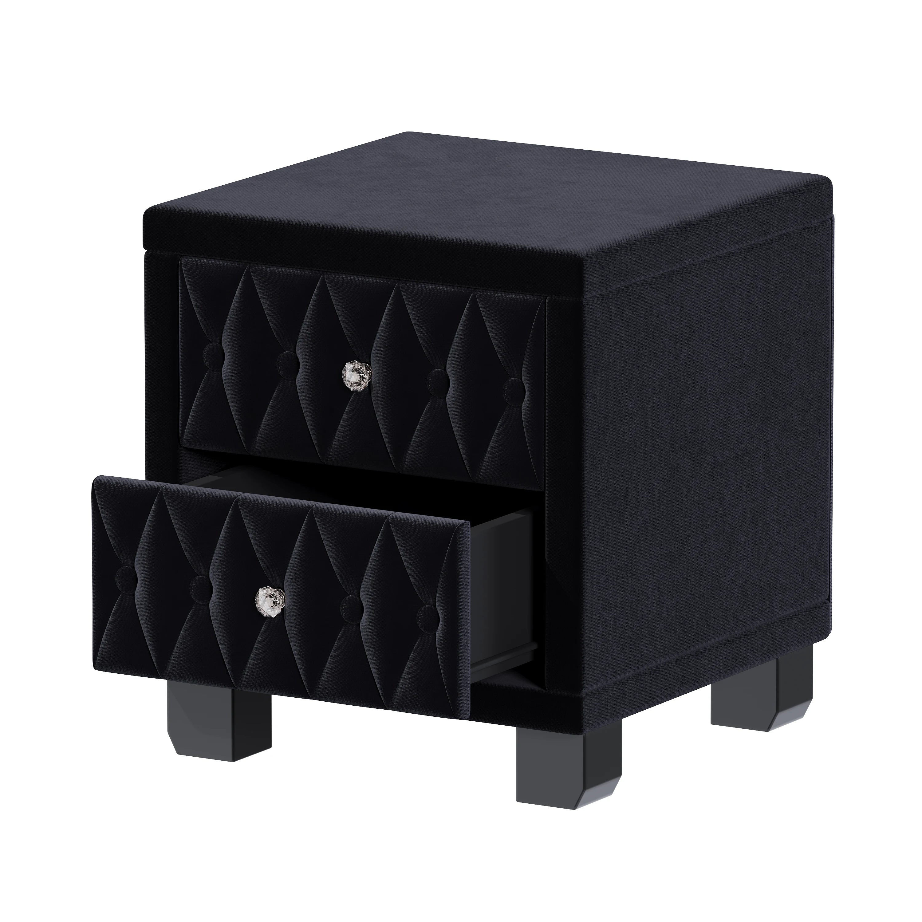 Elegant Luxury Modern Velvet Bedroom Nightstand 2 Drawers Crystal Handle Button-Tufted Pink Panel Design Durable Home Furniture
