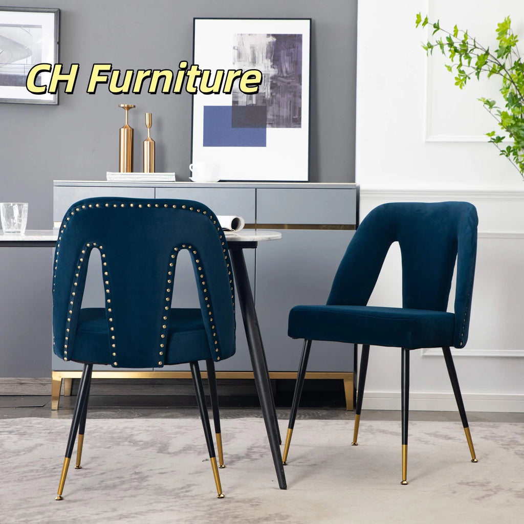 Furniture Collection Modern Contemporary Velvet Upholstered Dining Chair with Nailhead and Gold Tipped Black Metal Legs Set of 2