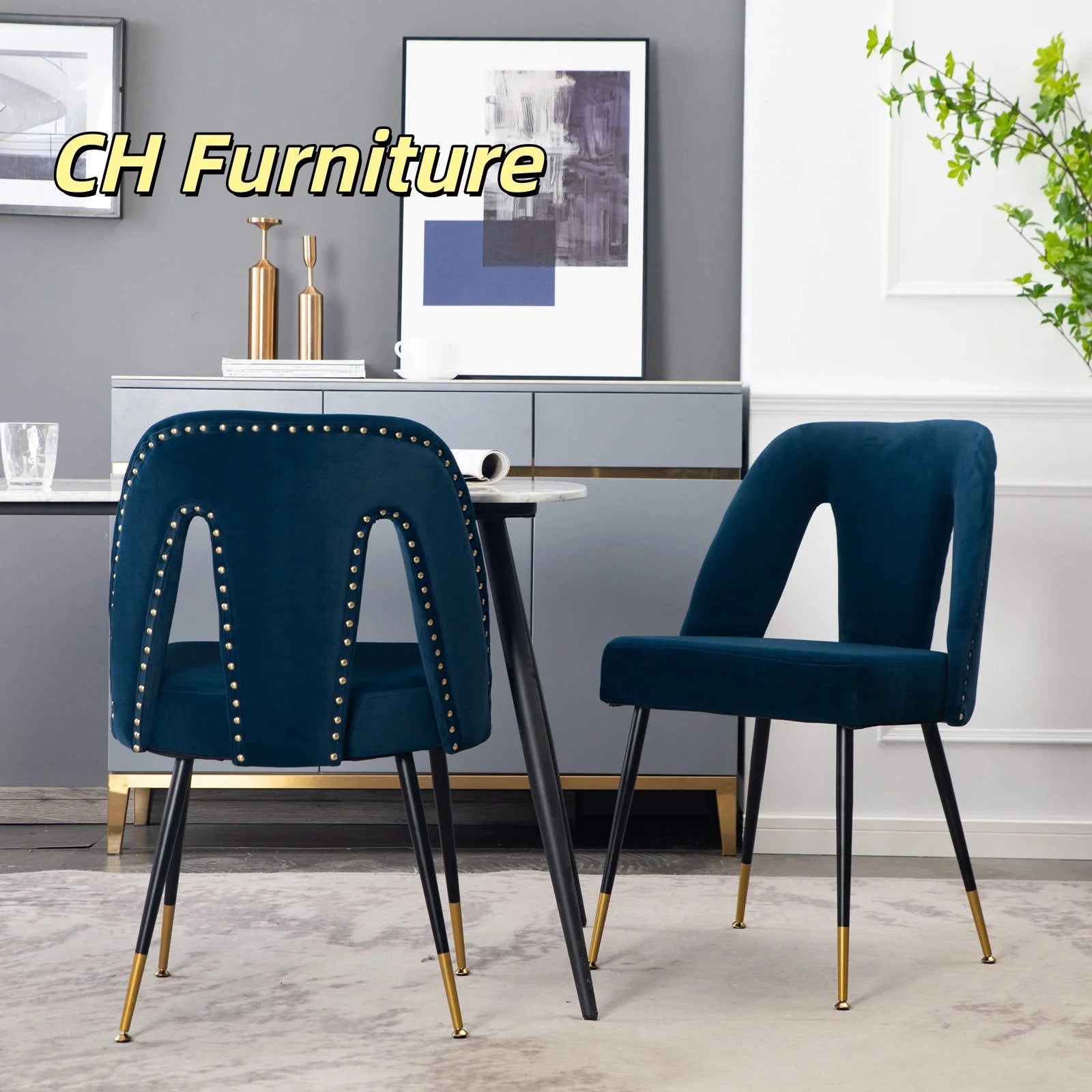Furniture Collection Modern Contemporary Velvet Upholstered Dining Chair with Nailhead and Gold Tipped Black Metal Legs Set of 2