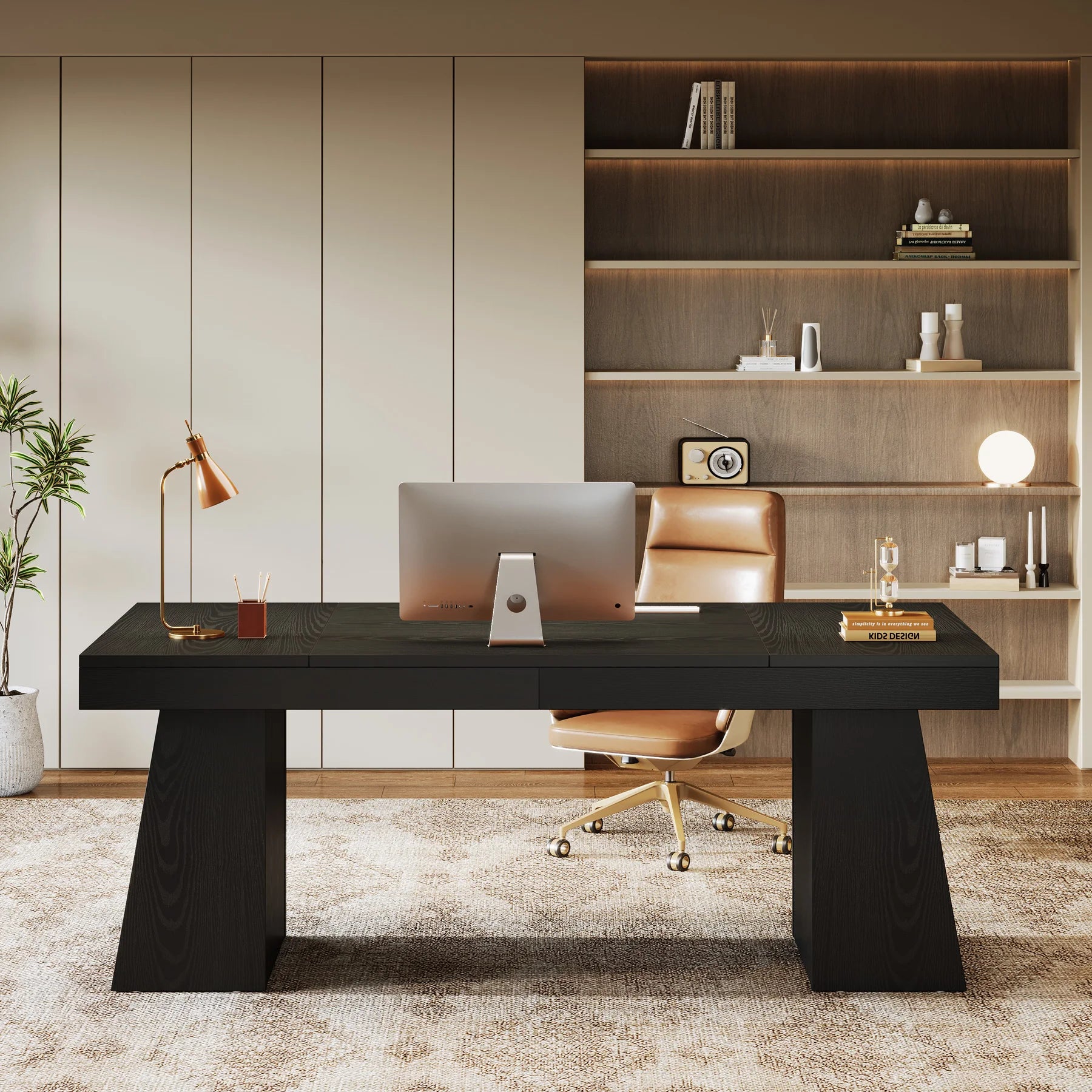 US Local 55 Inches Executive Desk, Mid-Century Modern Home Office Desk, Wood Computer Desk Business Workstation Desk