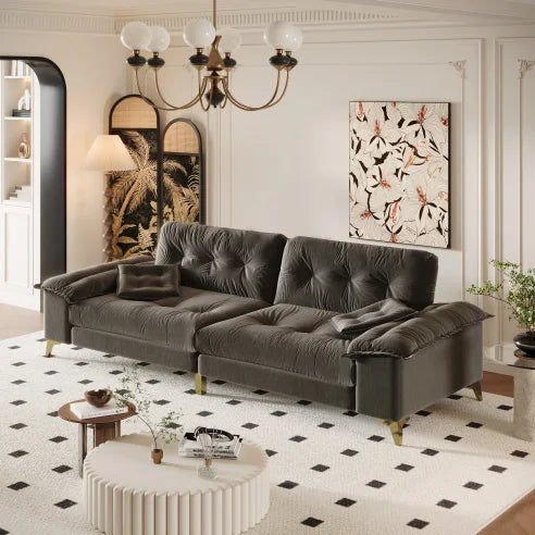 Modern Convertible 4-Seat Cloud Sofa Set Wide Removable Armrests Tufted Chenille Upholstered Wood Legs Comfy Couch 2 Pillows