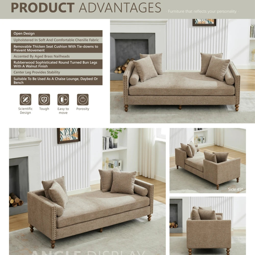 M Modern Wooden Sofa Bench Chenille Upholstered Sleeper Indoor Lounge Rubberwood Legs Chaise for Bedroom Living Room