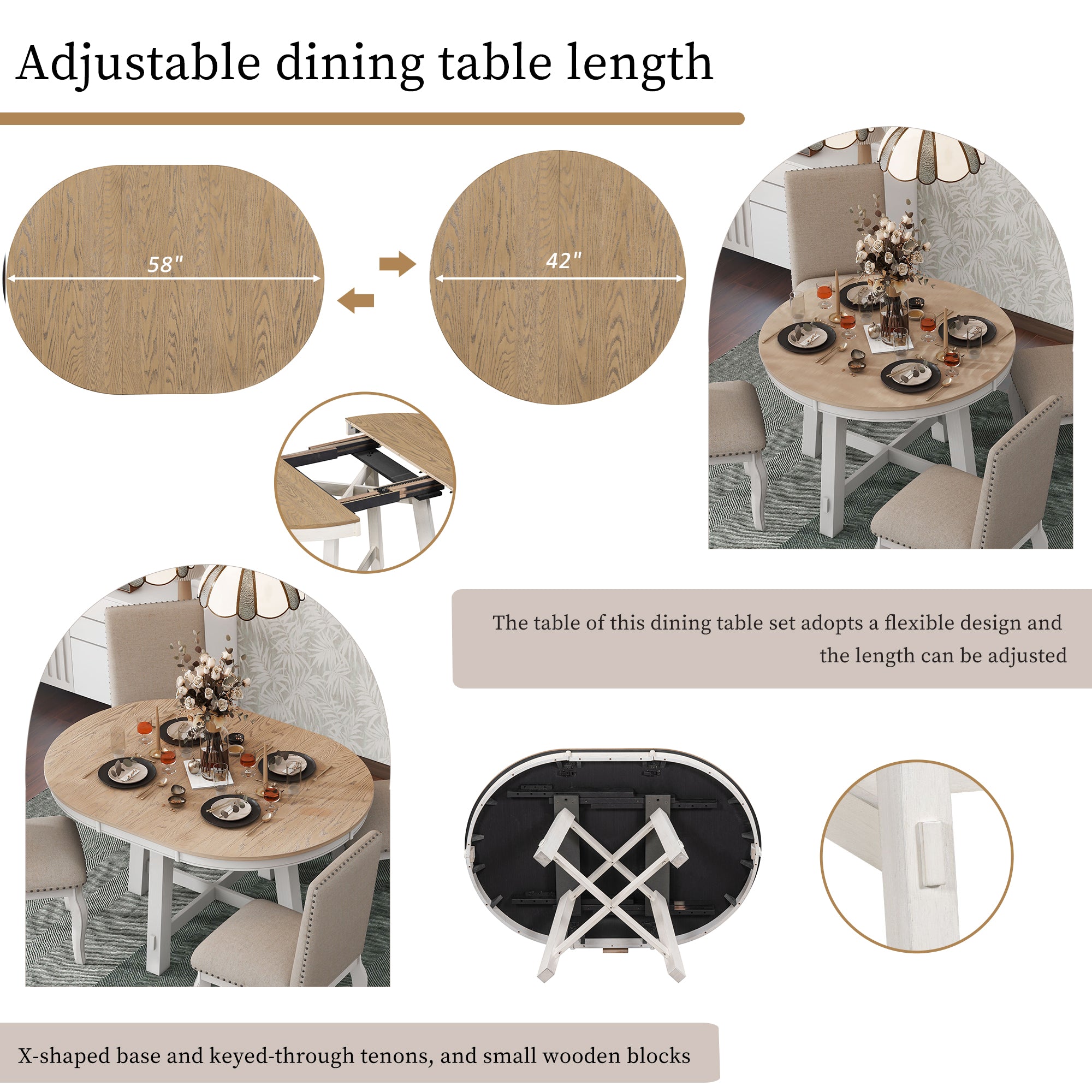TREXM Farmhouse Round Extendable Dining Table with 16" Leaf (Oak Natural Wood Top + Antique White Finish)