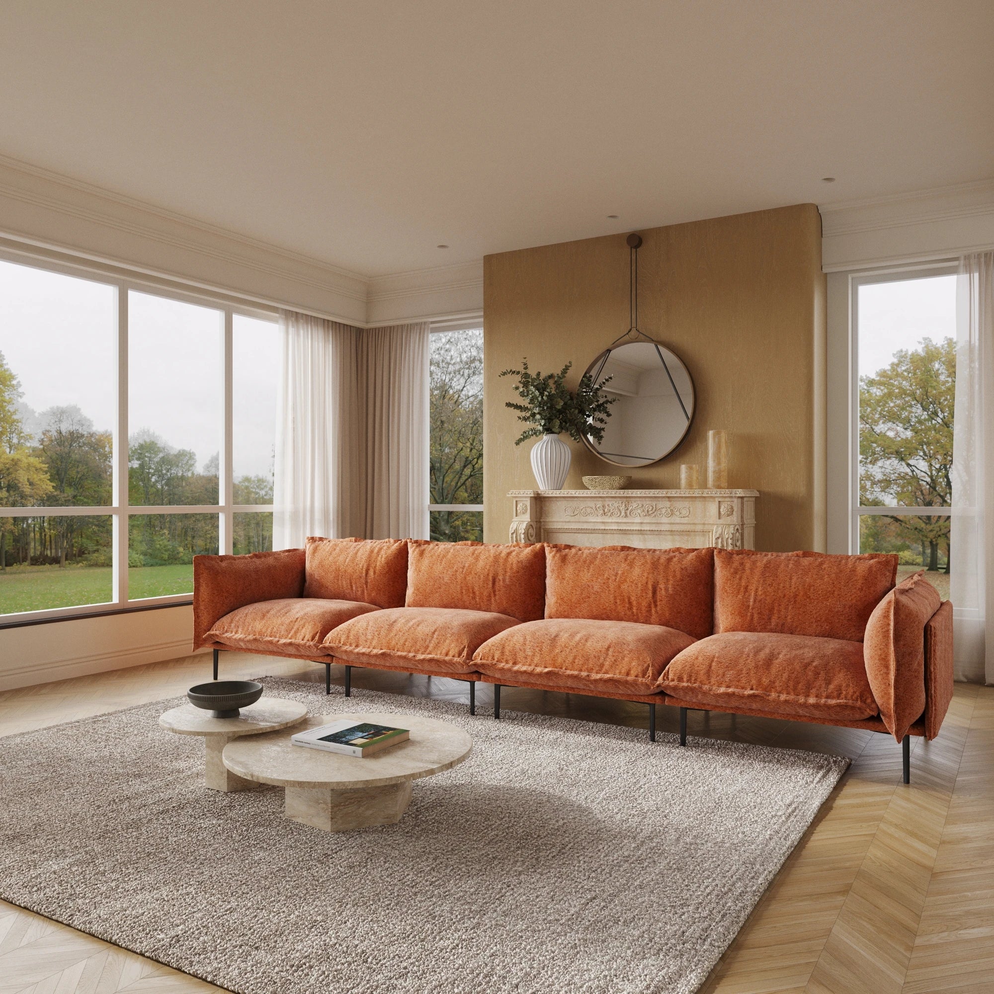 VOXHOME US Drop Shipping Modern Apartment Living Room Furniture 2 3 4 5 Seater Orange Velvet Modular Sectional Couch Sofa Set