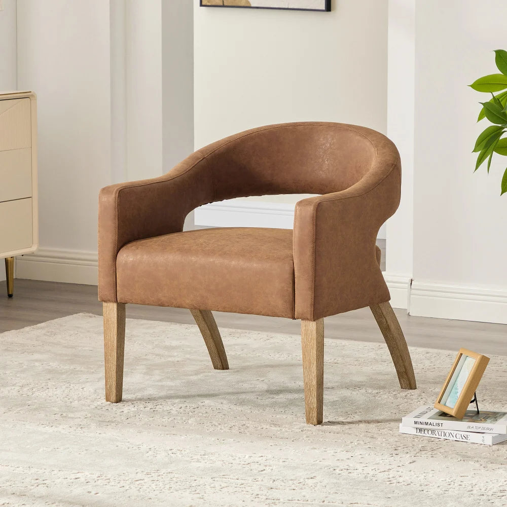 M Modern PU Leather Dinning Chair Barrel Open Back Upholstered Solid Wood Legs Salon Accent Chair