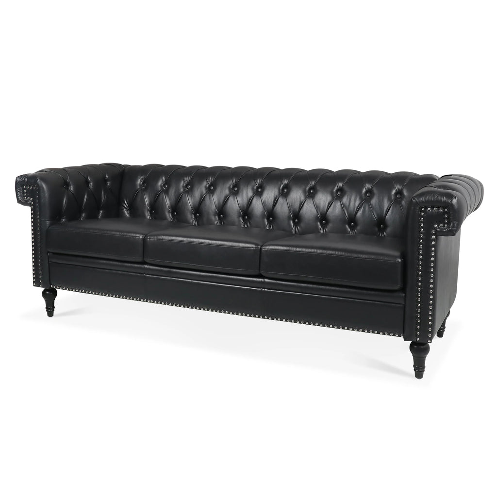 Vintage Black Tufted Genuine Leather Sofa Couch Luxury Living Room Chesterfield 3 Seat Set Convertible Hotel Lobby Furniture