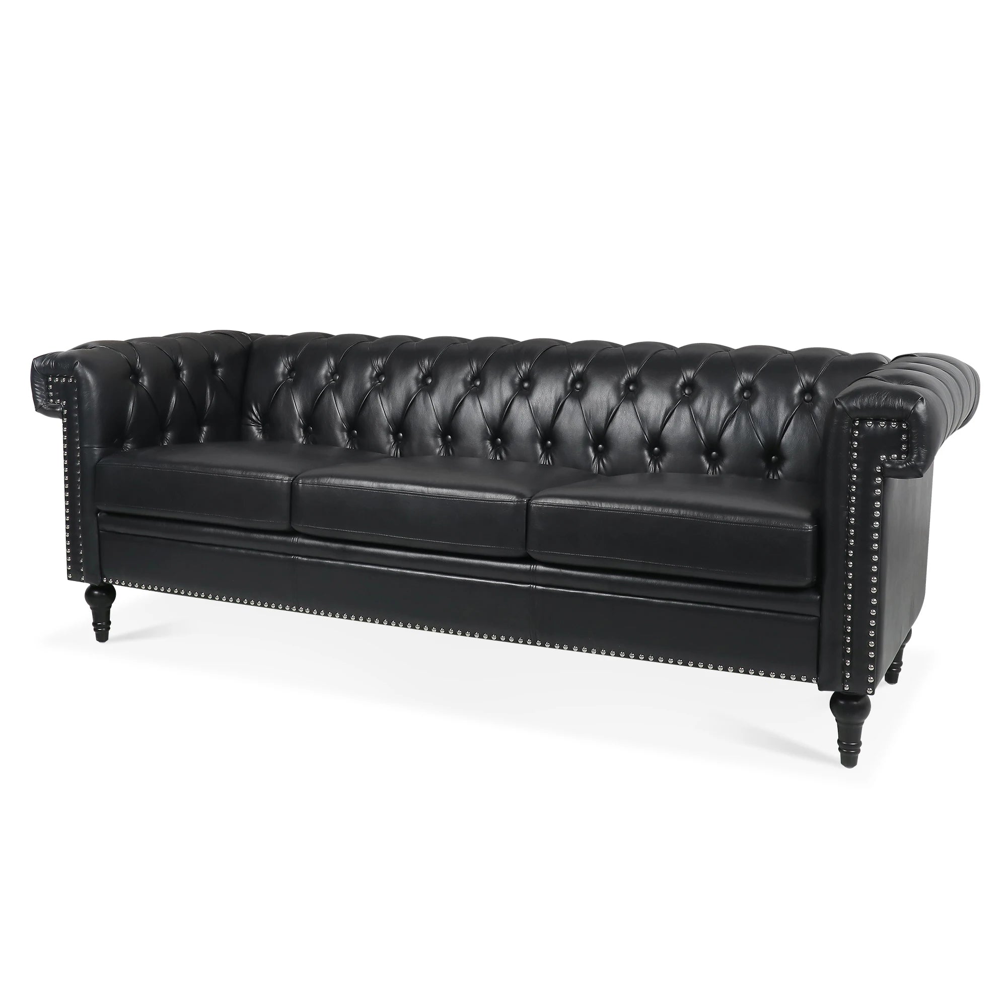 Vintage Black Tufted Genuine Leather Sofa Couch Luxury Living Room Chesterfield 3 Seat Set Convertible Hotel Lobby Furniture