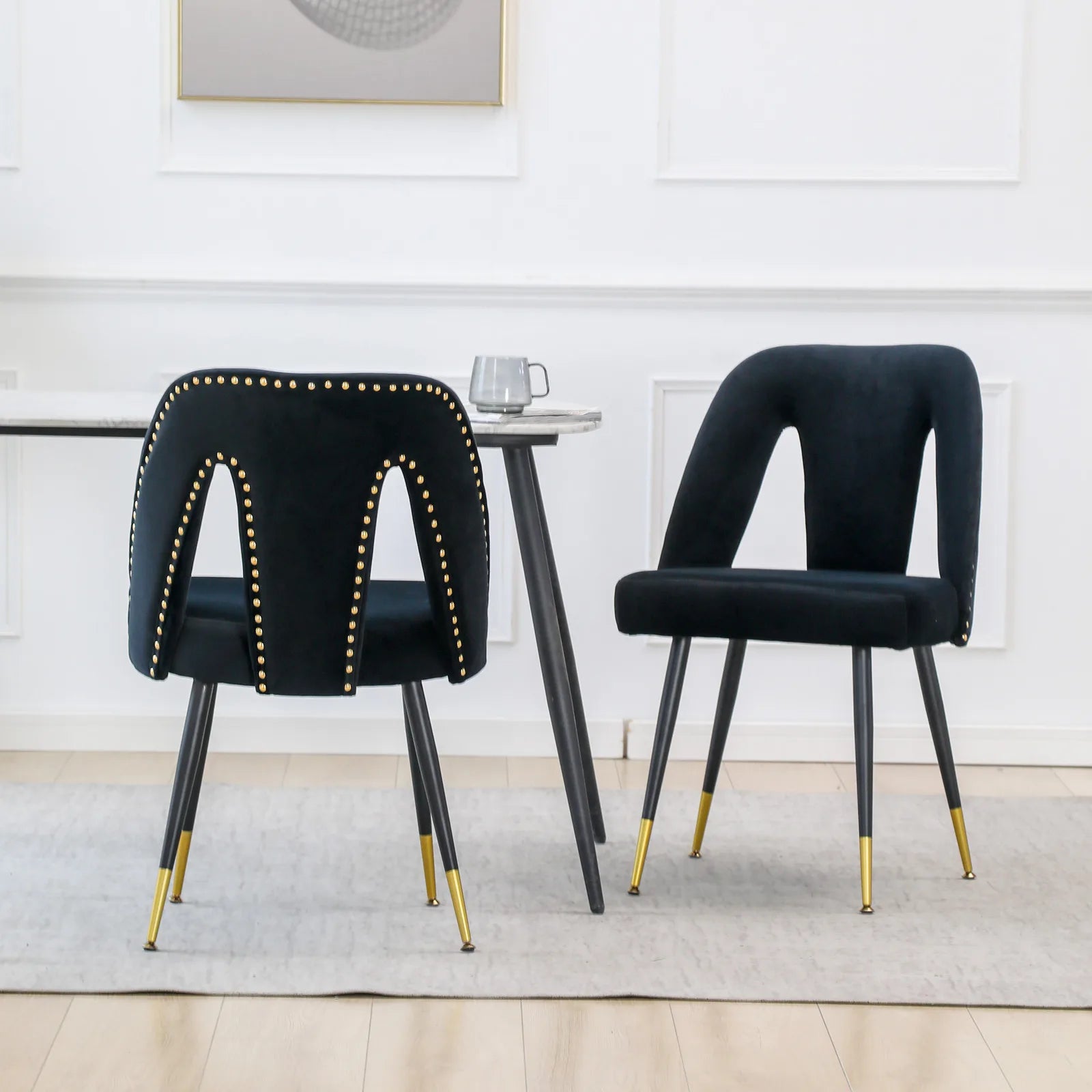 Furniture Collection Modern Contemporary Velvet Upholstered Dining Chair with Nailhead and Gold Tipped Black Metal Legs Set of 2