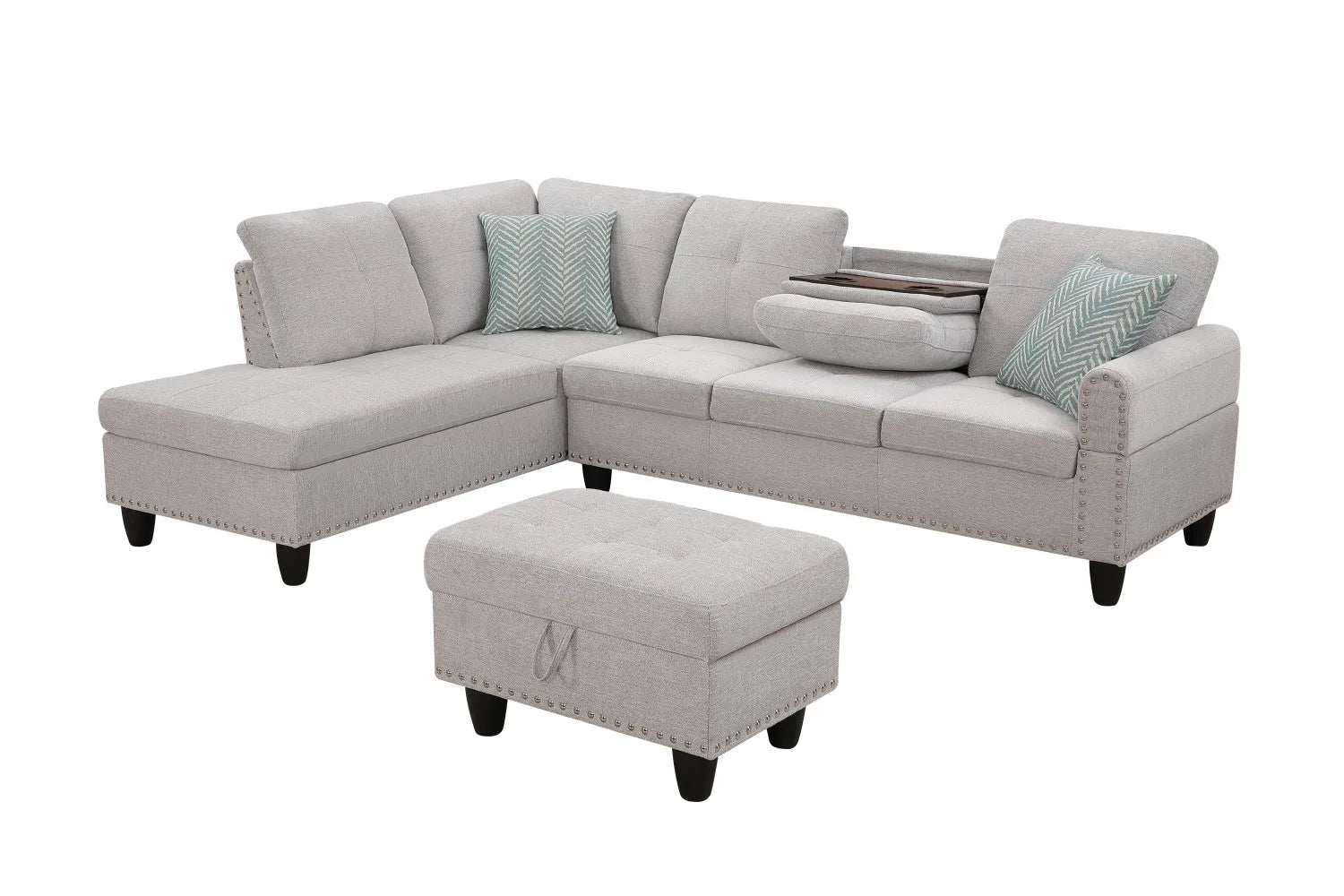 98" Wide Three Seat Left Hand Facing L-Shaped Corner Sectional Sofa Storage Ottoman Eco-Friendly Durable Linen Upholstery Sofa