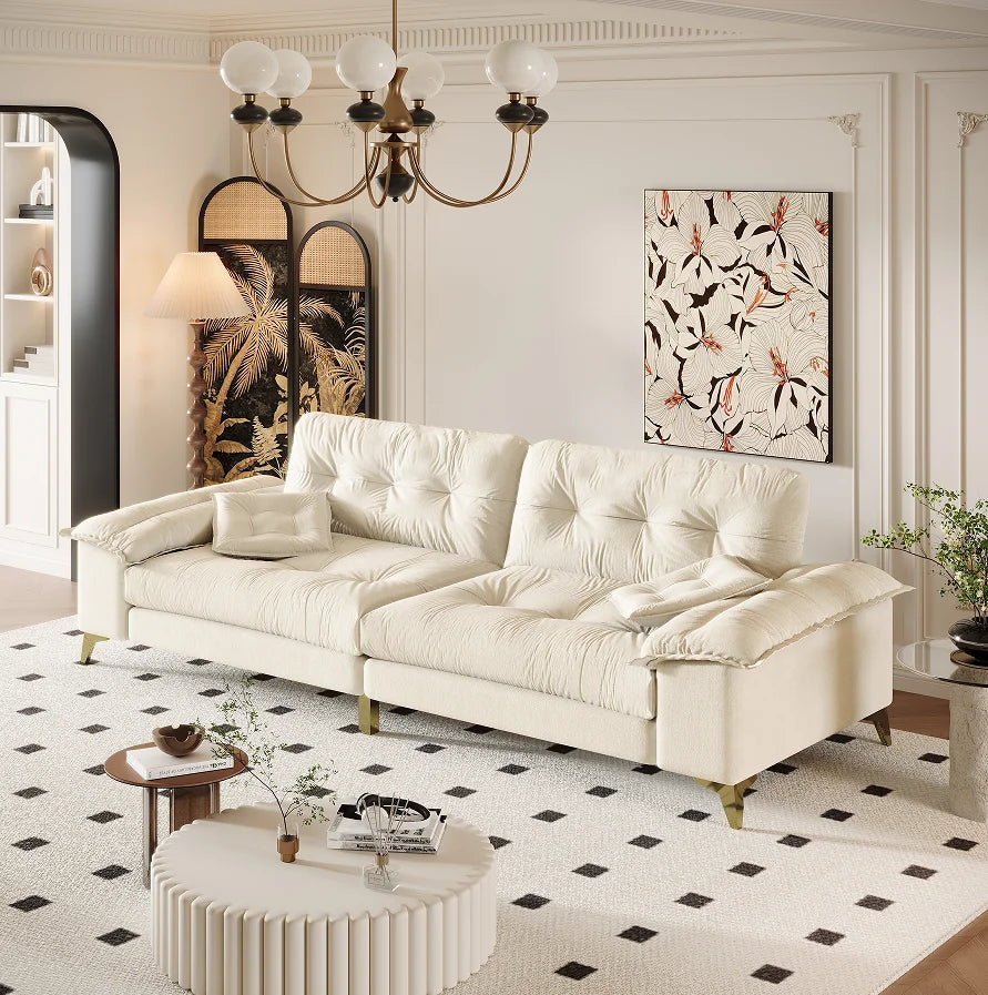Modern Convertible 4-Seat Cloud Sofa Set Wide Removable Armrests Tufted Chenille Upholstered Wood Legs Comfy Couch 2 Pillows