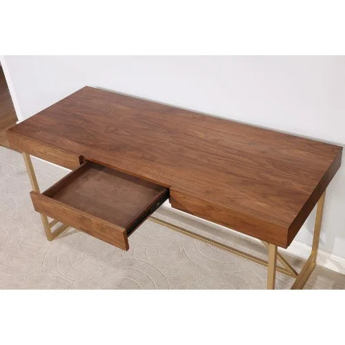 Modern Wooden Writing Desk with Metal Legs Walnut Brown Finish Storage Eco-Friendly & Durable for Home Office and Living Room