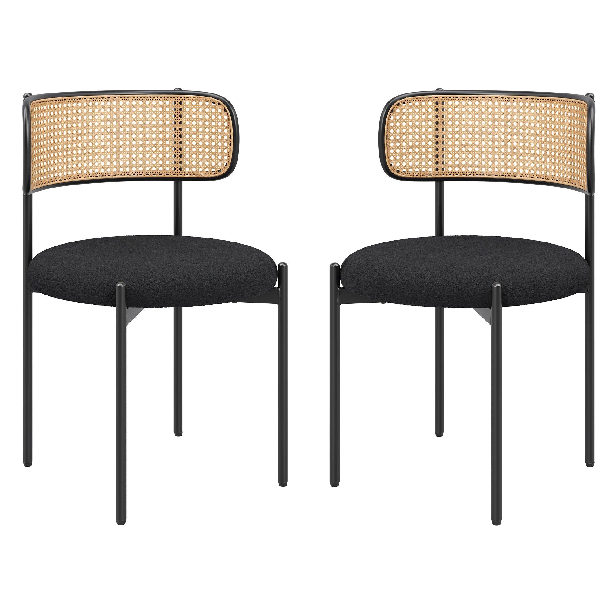 Best Selling Dining Room Kitchen Fabric Upholstered Rattan Back Dining Chair with Black Metal Legs