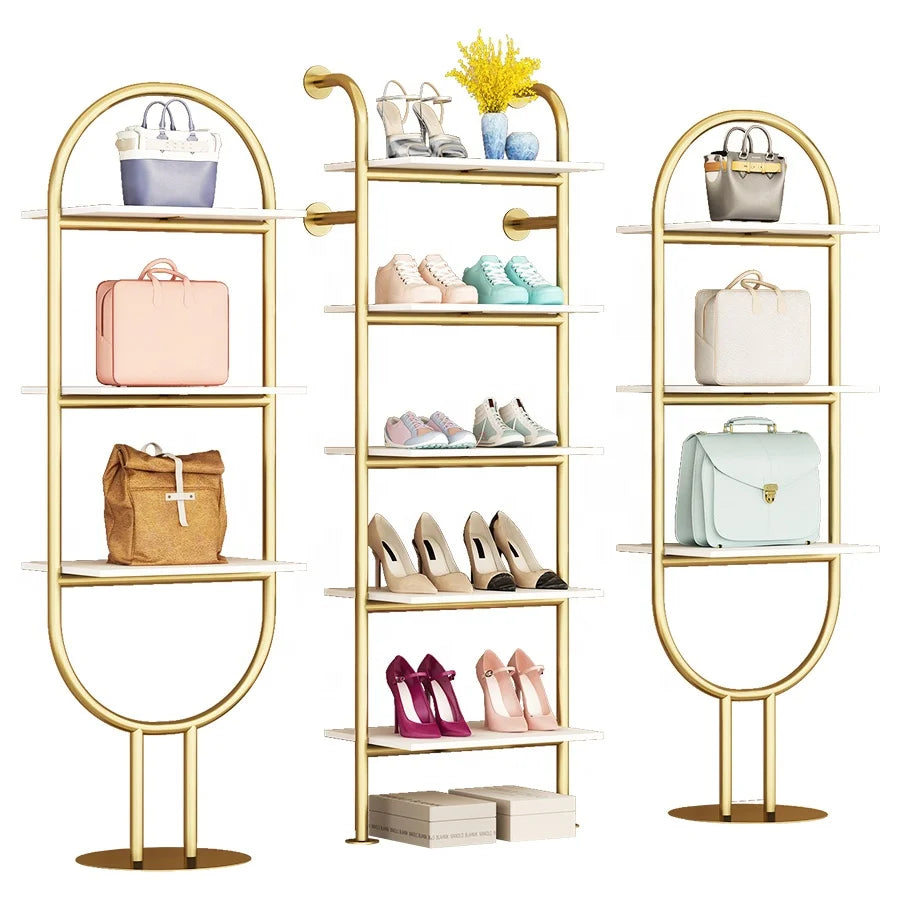 Store Multi-layer Shop Furniture Metal Display Stand Glossy Stainless Steel Gold Shoe Bag Display Rack Display Shelf