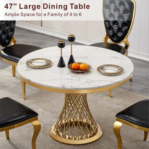 47" Round Marble Top Dining Table Luxury Modern Design Durable Eco-Friendly Dining Room Furniture for Home Hotel Restaurant Use