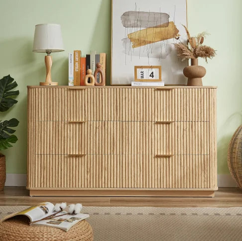 6-Drawer Modern Solid Wood Dresser with Curved Wave Design 55" Wide TV Stand for Bedroom Living Room & Hallway-Oak