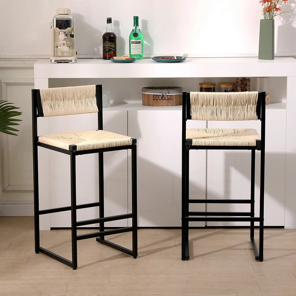 Honey Bar Stools Set of 2 Paper Rope Weave Dining Chairs with Back Hand Weave Stools for Kichen Island