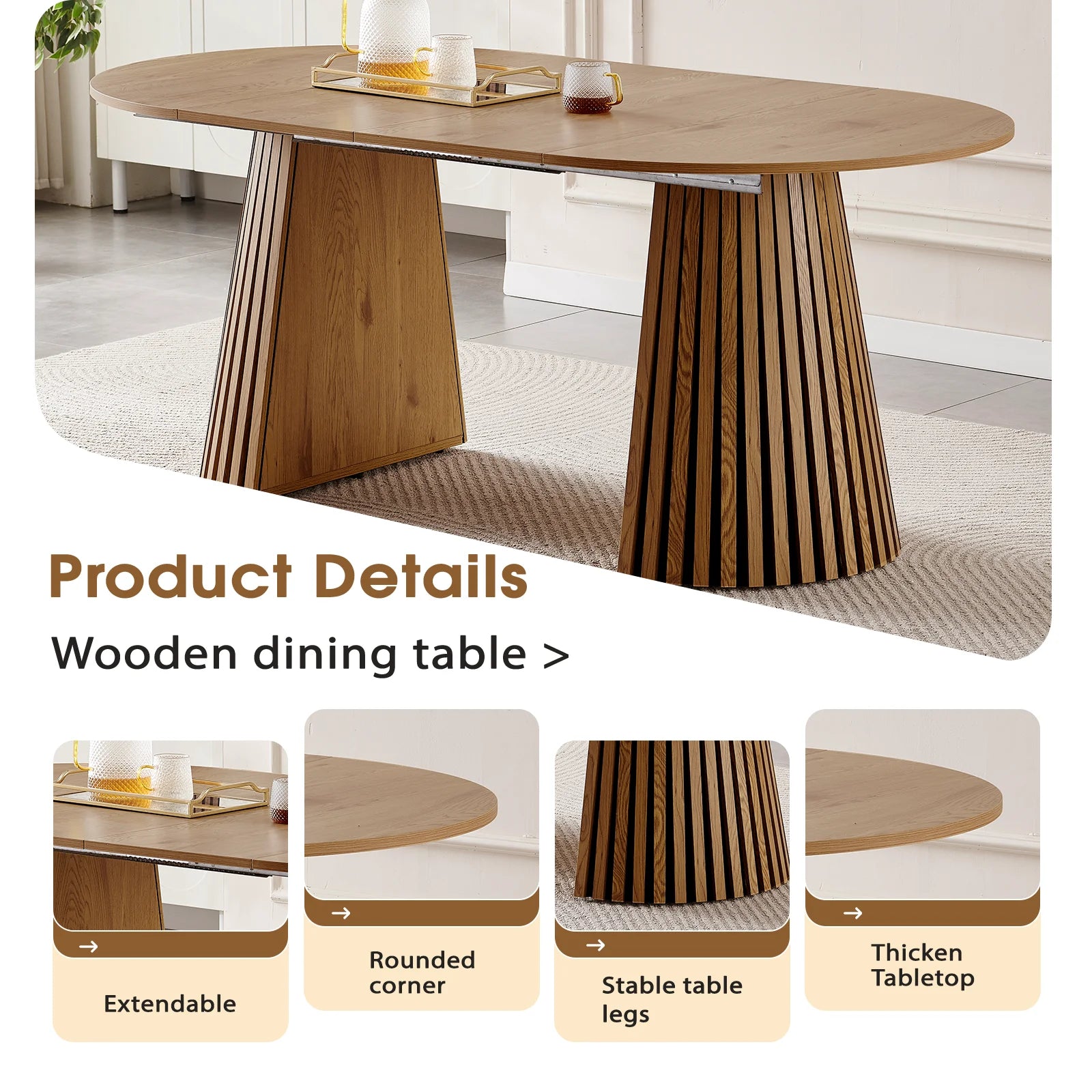 Wooden Modern Durable Extendable Dining Table Multi-functional Space-saving Design with Slatted Legs for Tea Table & Office Desk