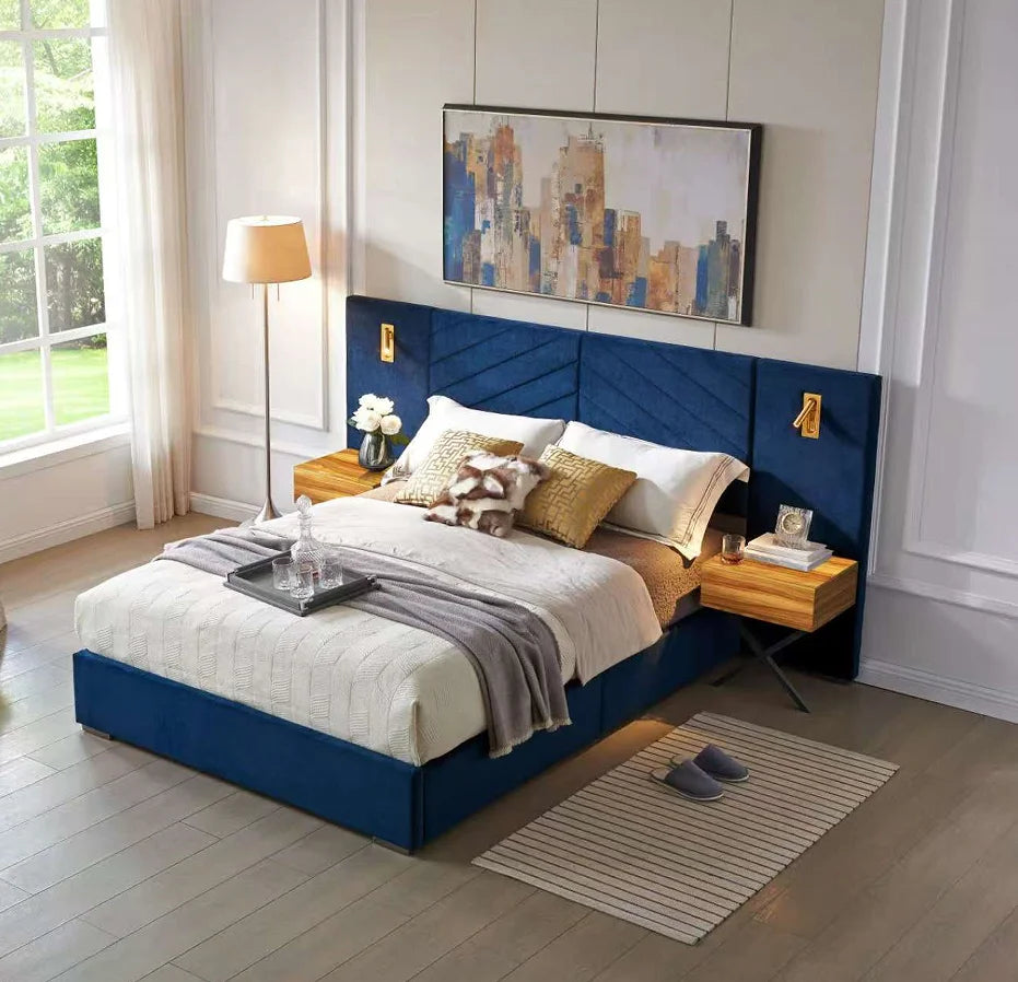 Queen Size Modern Adjustable Velvet Bed Frame with Vertical Channel Tufted Wingback Headboard and Upholstered Platform Bed