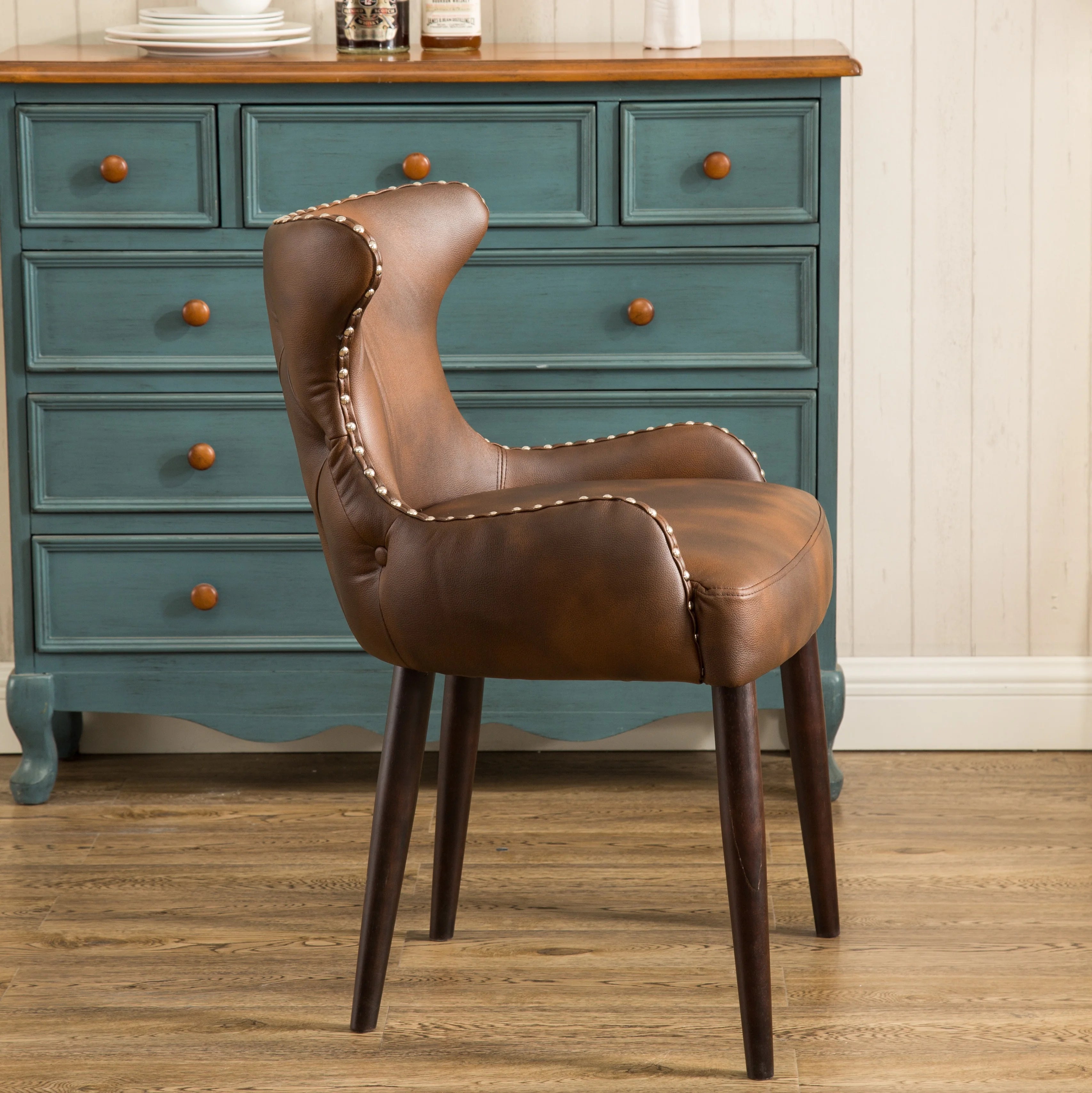 Viking Tufted Button Back Barrel Chair with Nailhead, Brown