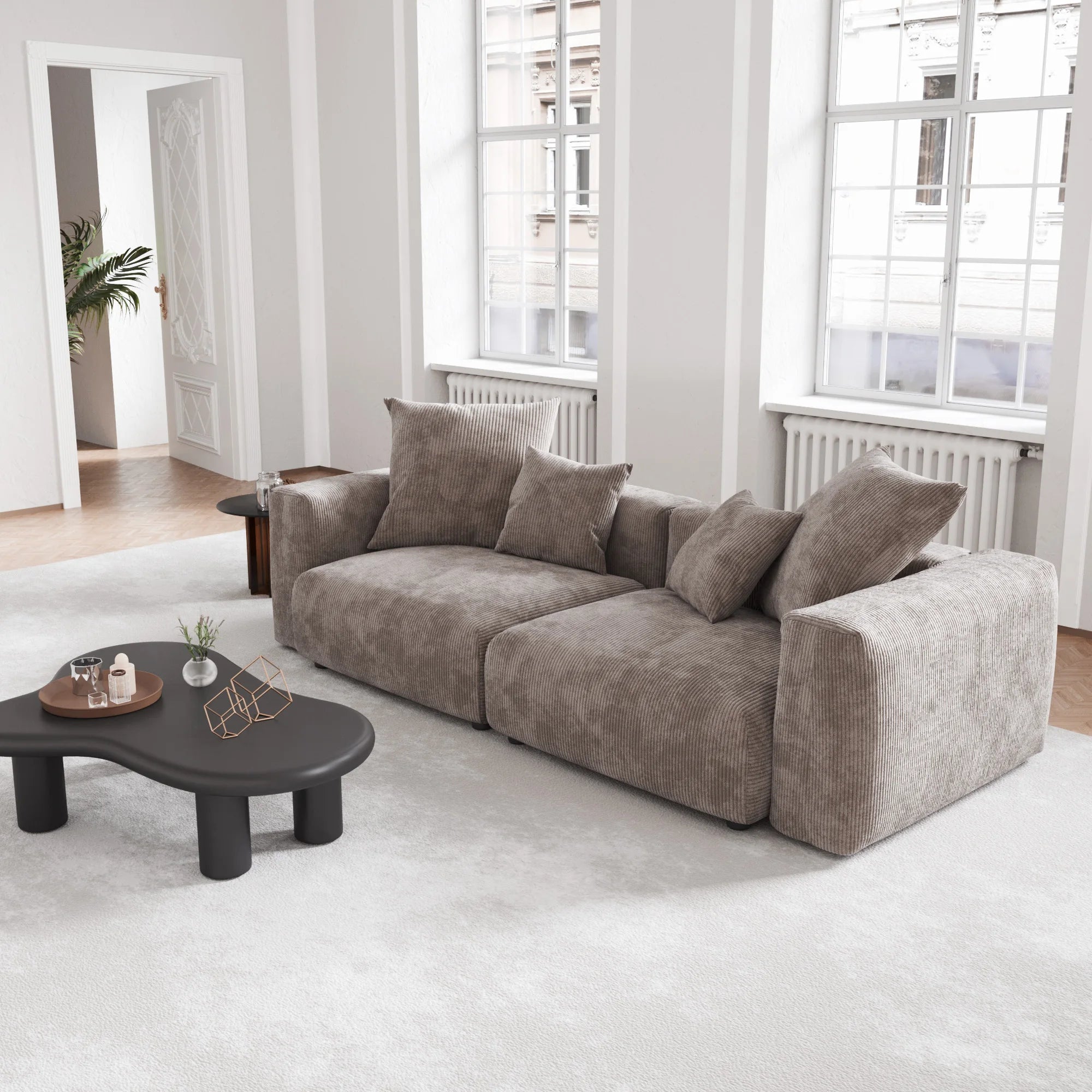 VOXHOME US Drop Shipping Living Room Furniture Nordic Vacuum Compress Brown 3 Seater Corduroy  Modular Sectional Sofa Couch Set