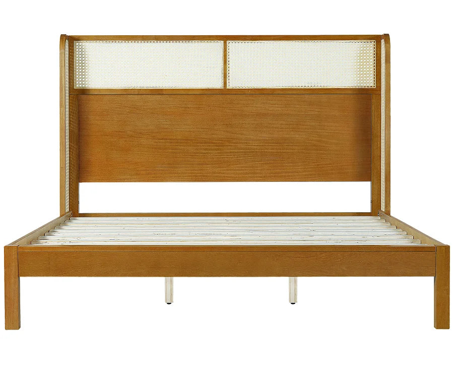 Teak Wood Platform Bed Frame Queen & King Size with Headboard Modern Soft Bed Eco-Friendly Convertible Natural Color