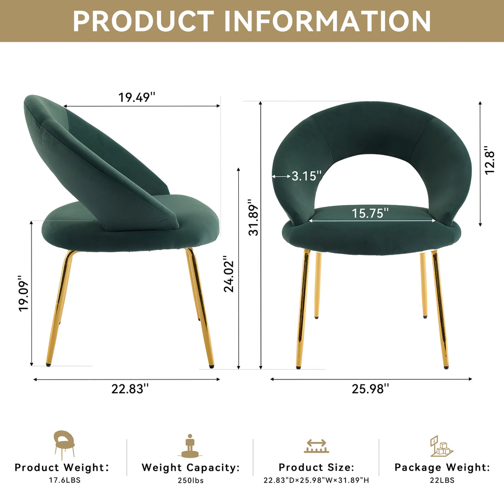 Set of 1 Modern Velvet Fabric Dining Chairs with Curved Backrest and Iron Legs for Dining Room or Living Rooms Green