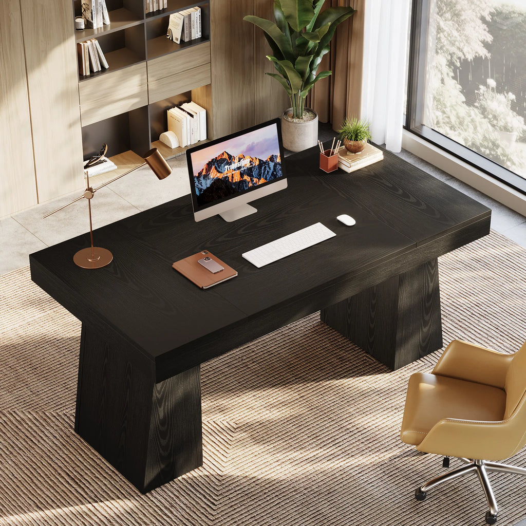 US Local 55 Inches Executive Desk, Mid-Century Modern Home Office Desk, Wood Computer Desk Business Workstation Desk