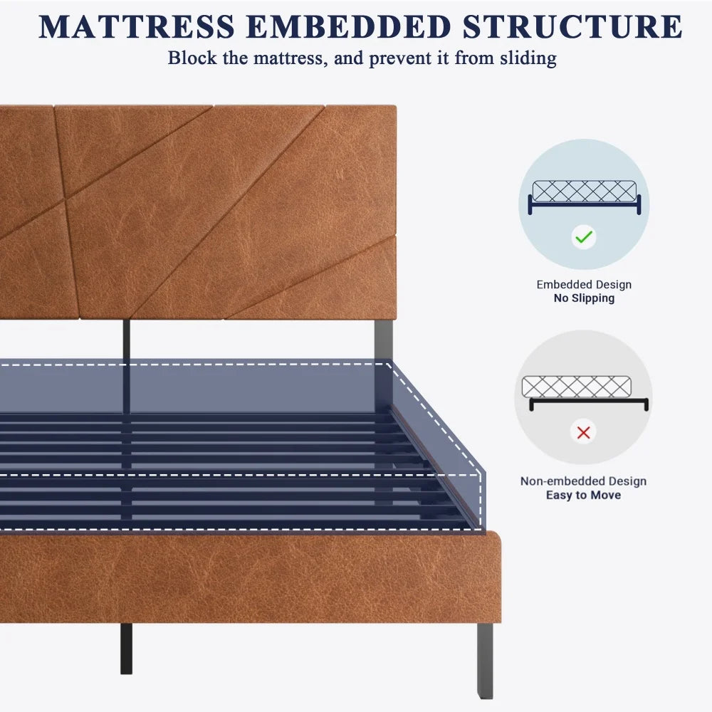 M Modern Full Size Bed Frame Metal Square Platform Home Furniture for General Use Hotel Frame Brown