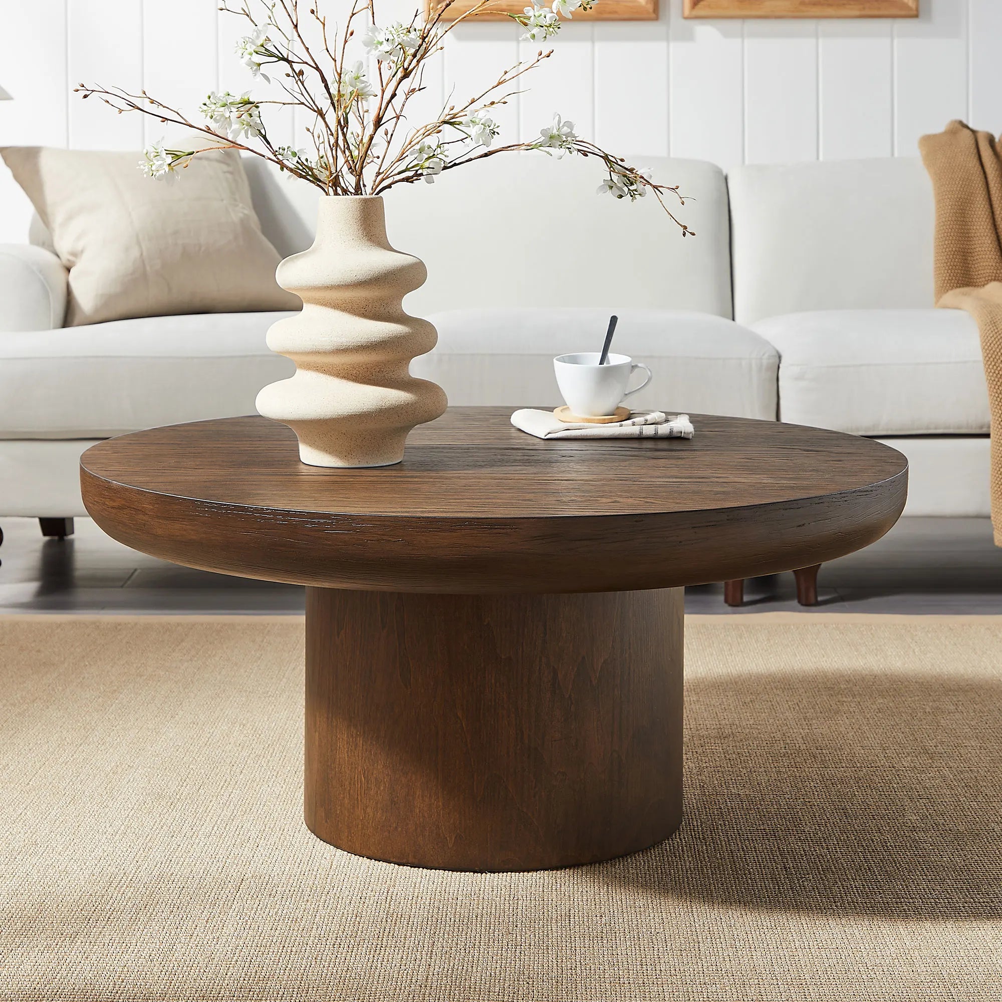 Modern Durable Round Coffee Table with Cylindrical Legs and Wood Veneer Top Rounded Sofa Side Table for Living Room & Office