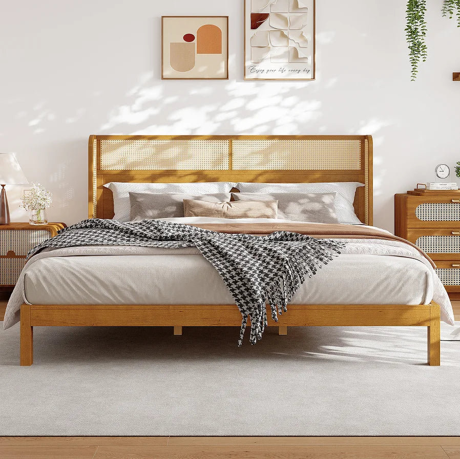 Teak Wood Platform Bed Frame Queen & King Size with Headboard Modern Soft Bed Eco-Friendly Convertible Natural Color