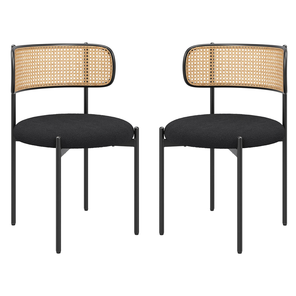 Best Selling Dining Room Kitchen Fabric Upholstered Rattan Back Dining Chair with Black Metal Legs