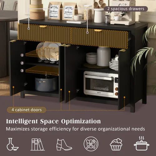 Wood Sideboard Buffet Cabinet with 2 Drawers & 4 Doors Adjustable Shelves Wave-Pattern Design for Living Room Hotel