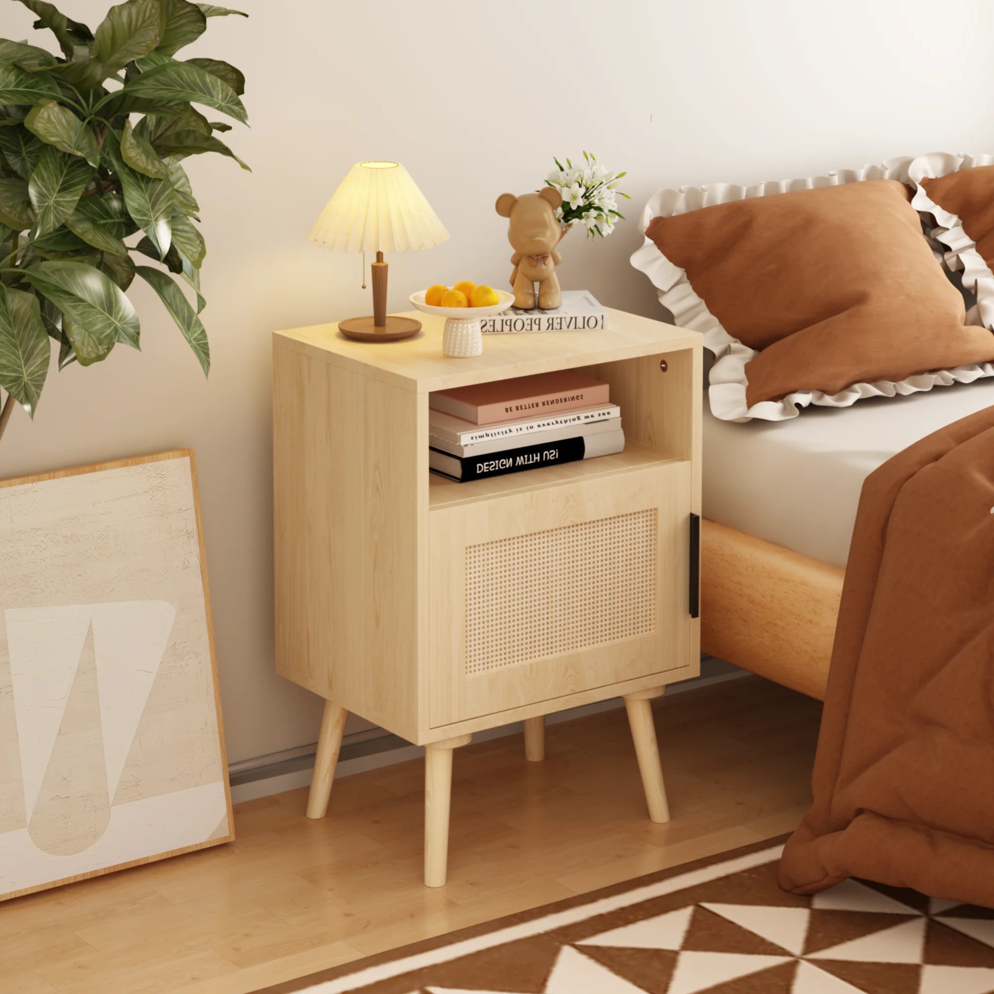 22.83'' H MDF Bedside Nightstand with Door-Shelf and Oak Finish for Small Spaces