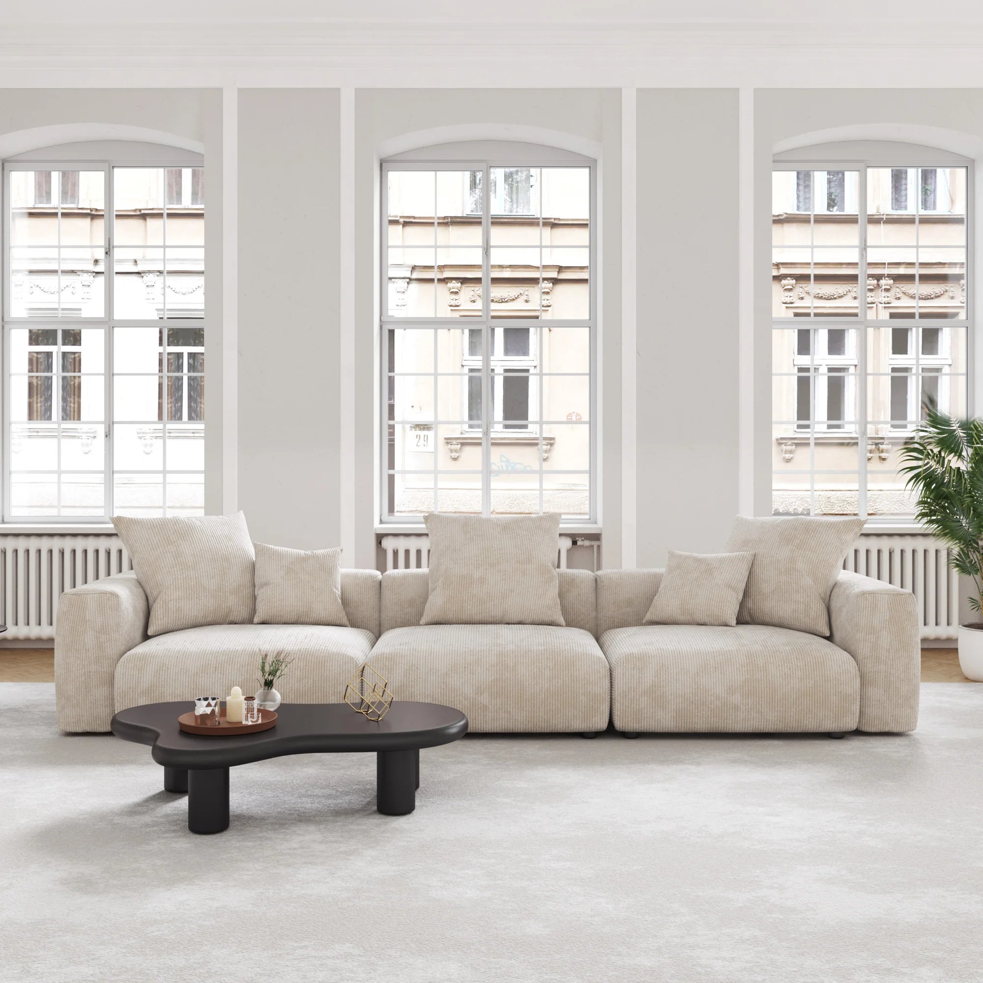 VOXHOME US Drop Shipping Living Room Furniture Nordic Vacuum Compress Brown 3 Seater Corduroy  Modular Sectional Sofa Couch Set