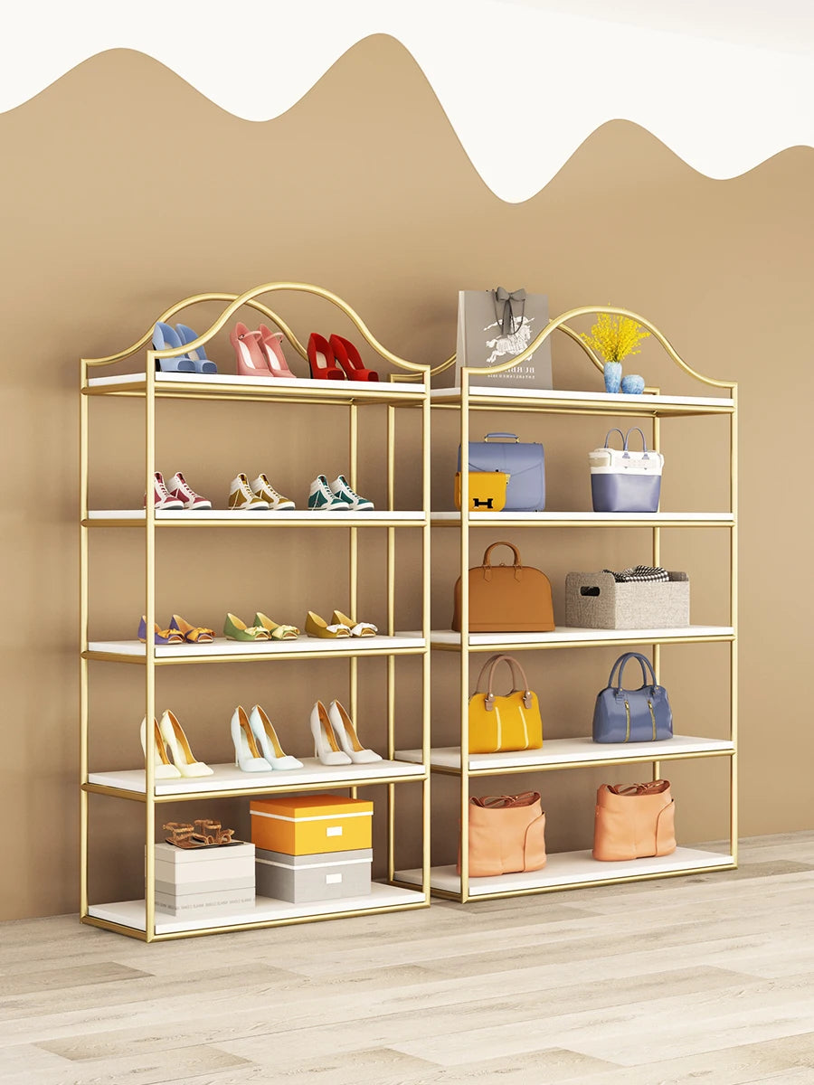 Store Multi-layer Shop Furniture Metal Display Stand Glossy Stainless Steel Gold Shoe Bag Display Rack Display Shelf