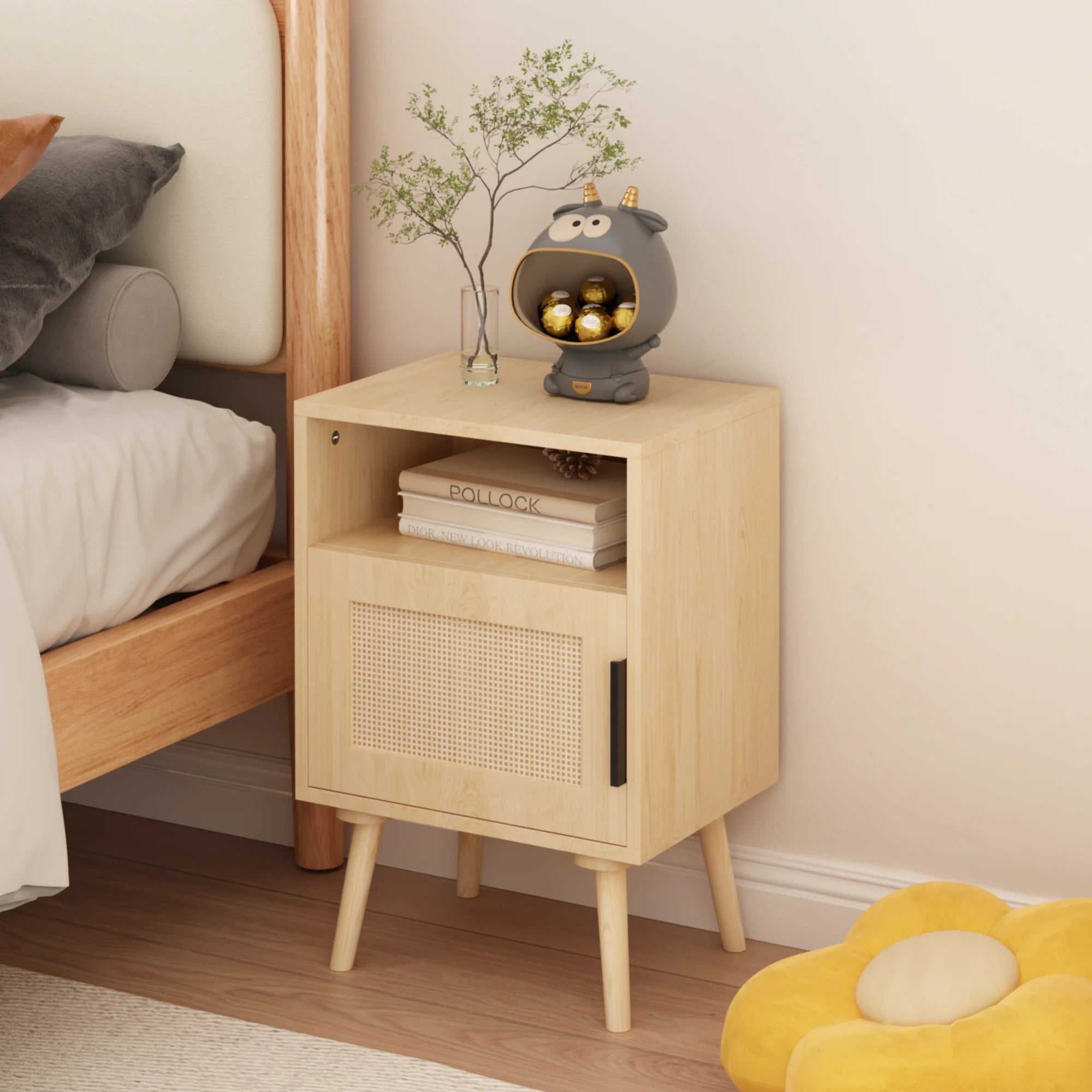 22.83'' H MDF Bedside Nightstand with Door-Shelf and Oak Finish for Small Spaces