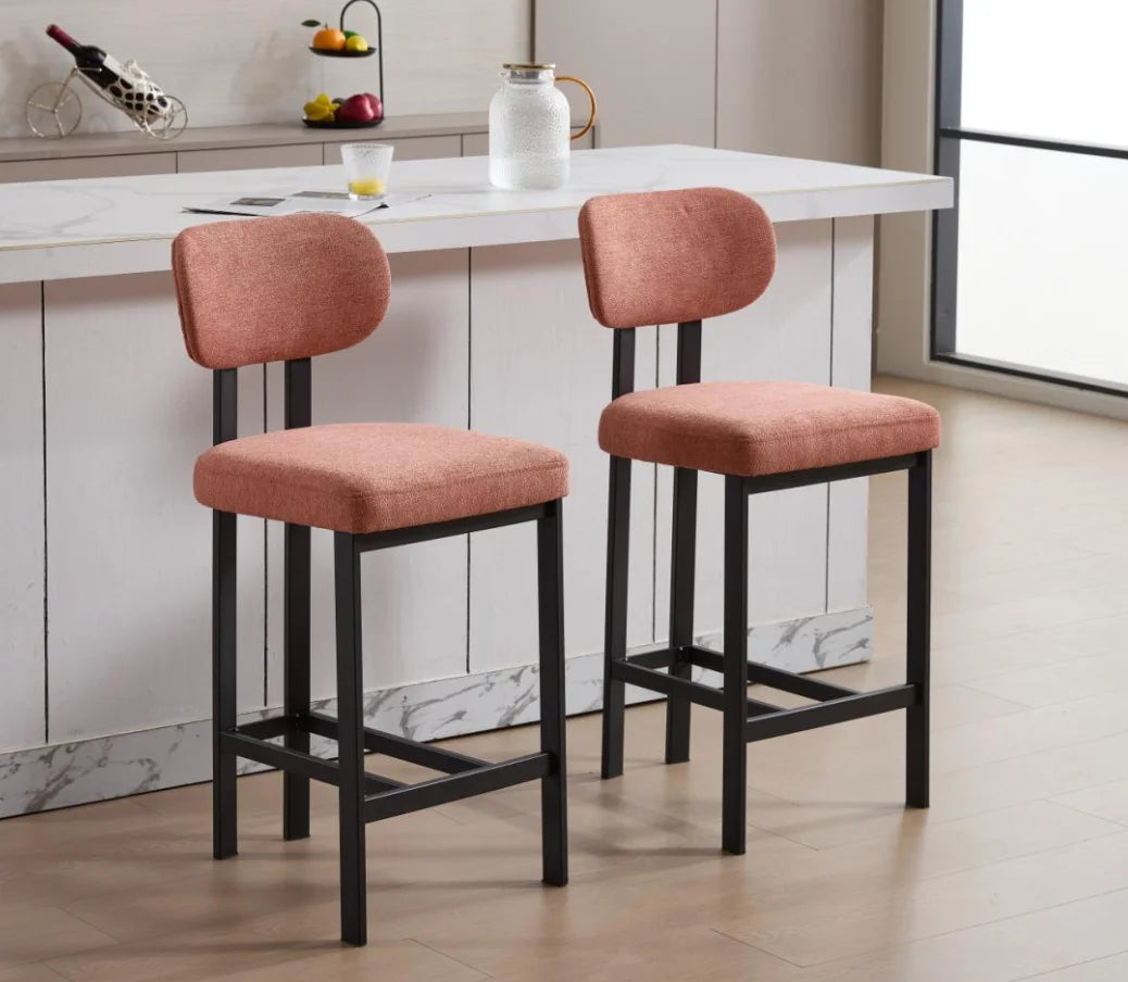 Bar Stools Set of 2, 26 Inch Modern Upholstered Fabric Counter Height Barstools, Kitchen Island Chairs with Black Metal Legs
