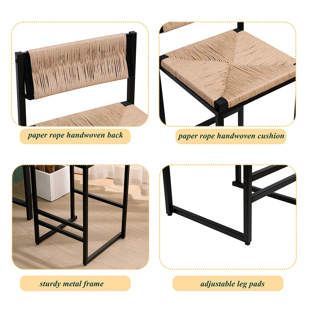 Honey Bar Stools Set of 2 Paper Rope Weave Dining Chairs with Back Hand Weave Stools for Kichen Island