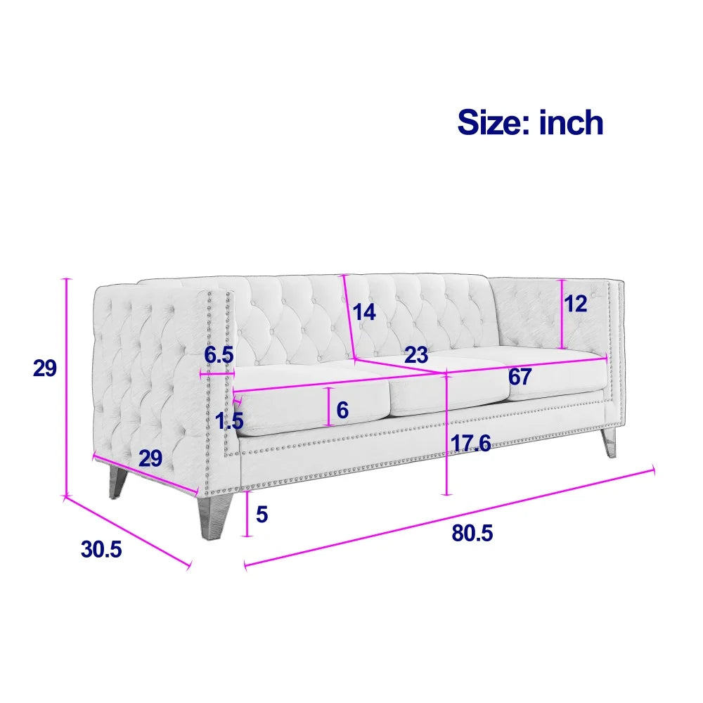 M 3 Seater Sofa Modern Couch Upholstered Button and Metal Legs for Living Room Furniture Lazy Recliner Sofa Set