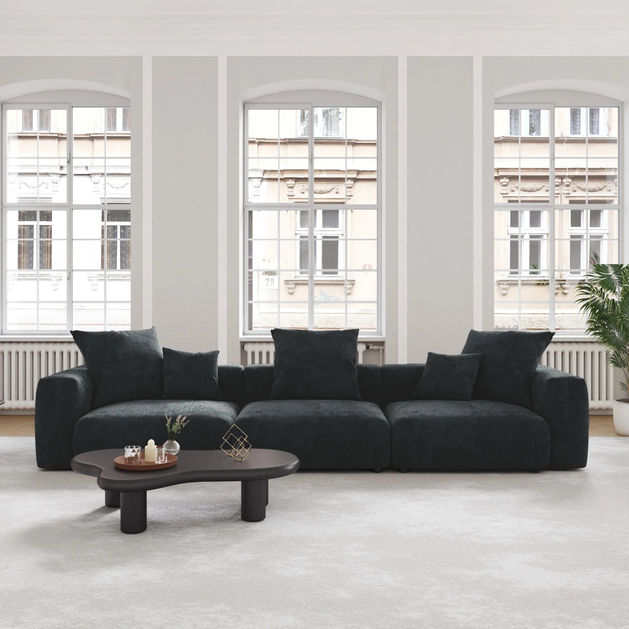 VOXHOME US Drop Shipping Living Room Furniture Nordic Vacuum Compress Brown 3 Seater Corduroy  Modular Sectional Sofa Couch Set