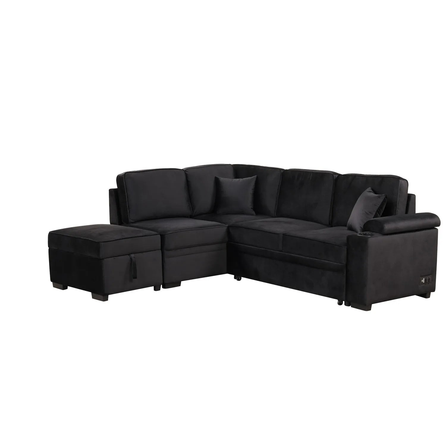 Three Seat Fabric Sofa Bed Pull-Out Function 2-in-1 L-Shape Couch Storage Ottoman for Living Room Bedroom Hotel Small Apartments