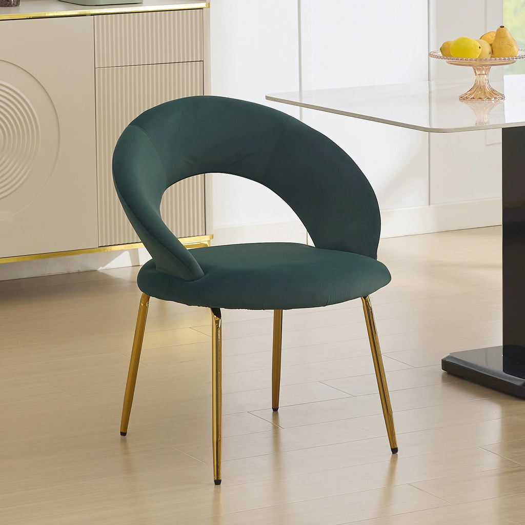 Set of 1 Modern Velvet Fabric Dining Chairs with Curved Backrest and Iron Legs for Dining Room or Living Rooms Green